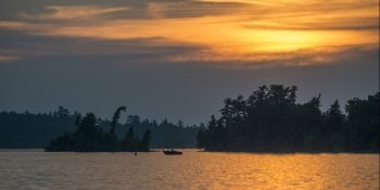 View of trees at lakeside during sunset, Lake of The Woods, Ontario, Canada