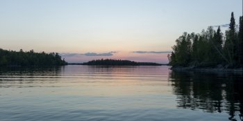 View of trees at lakeside during sunset, Lake of The Woods, Ontario, Canada