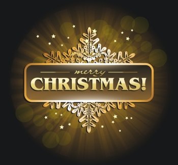 Merry Christmas golden banner with snowflake, vector illustration.