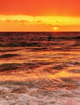 Silhouette of happy surfer in the sea in evening, beautiful orange sunset panorama, extreme sport, active summer vacation concept