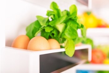 Open fridge, eggs with  fresh green rocca on the shelf of refrigerator door, organic food, healthy nutrition concept