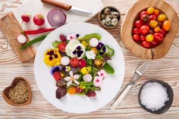 Edible flowers salad in a plate with ingredients