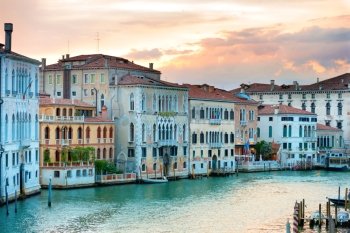 Evening at Grand Canal in Venice, Italy. Sunset in famous city