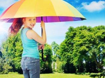 Colorful photo presenting redhead girl holding an umbrella