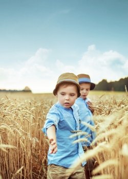 Two cute brothers in the wheat field