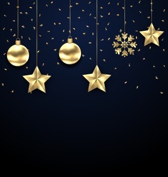 Illustration Christmas Dark Background with Golden Baubles, Greeting Banner - Vector