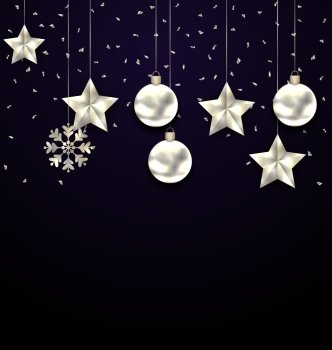 Illustration Christmas Dark Background with Silver Balls, Stars and Snowflakes - Vector
