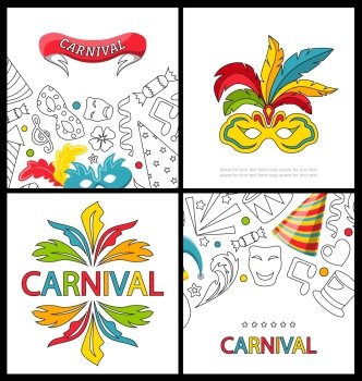 Set Celebration Festive Banners for Happy Carnival. Illustration Set Celebration Festive Banners for Happy Carnival with Party Colorful Icons and Objects - Vector