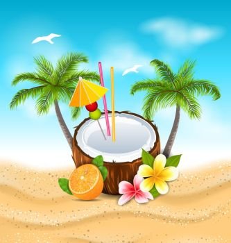 Exotic Coconut Cocktail with Frangipani, Orange and Palm Trees. Illustration Exotic Coconut Cocktail with Frangipani, Orange and Palm Trees. Summer Beach Background - Vector