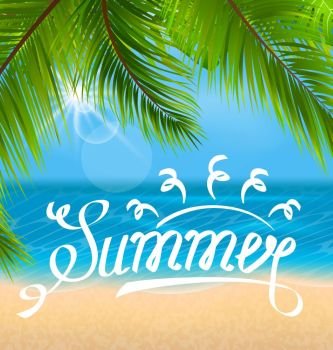 Exotic Background with Palm Leaves and Beach. Illustration Exotic Background with Palm Leaves and Beach. Lettering Text. Template of Poster for Summer Holidays - Vector