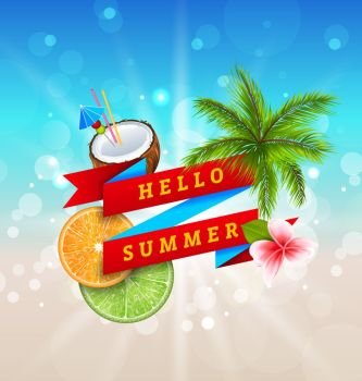 Summer Festival Poster Design with Coconut, Cocktail, Palm Tree Leaves. Summer Festival Poster Design with Coconut, Cocktail, Palm Tree Leaves, Slices of Orange and Lime. Banner Hello Summer - Illustration Vector