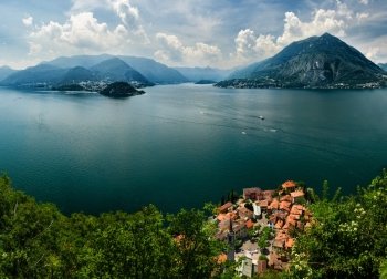 Top view on Lago di Como. Aerial view on Lake Como and Varenna from Castello di Vezio, Lombardy, Italy