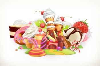 Sweet shop. Confectionery and desserts, 3d vector illustration