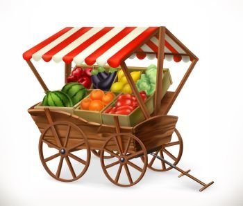 Fresh produce market. Cart with fruits and vegetables, 3d vector icon