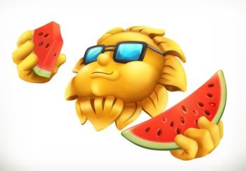 Fun summer sun with watermelon. 3d vector icon