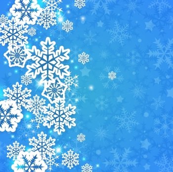 Blue abstract decorative Christmas background with white paper snowflakes. Vector illustration.