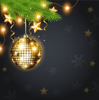 Golden shining Christmas decoration and green fir on a black background. Design for Christmas card.