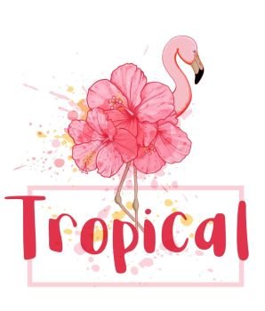 Hand drawn vector pink floral flamingo on a white background. Summer tropical background.