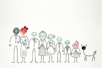 Creative concept photo of illustrated people with buttons instead of their heads on white background.