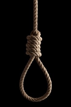 Rope noose with hangman's knot hanging in front of  black background.