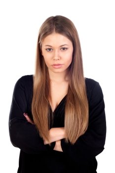 Sad attractive young woman isolated on a white background