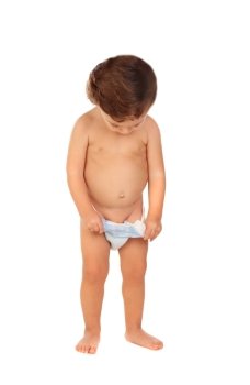 Adorable baby taking off the diaper isolated on a white background