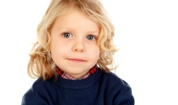 Small blond child with four years isolated on a white backgound