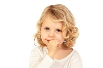 Small blond child bitting his nails isolated ona  white background
