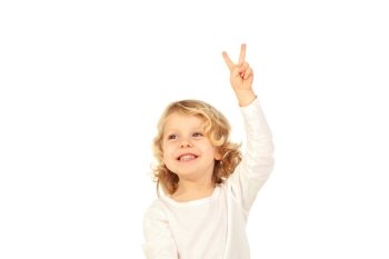 Small blond child doing victory sign with his fingers isolated on white background