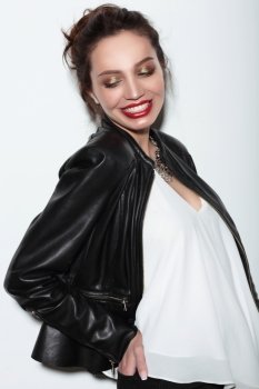 Portrait of a woman. Fashion, smile, happiness. Red lips.