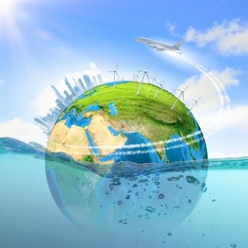 Earth planet in water. Image of earth planet floating in water. Global warming. Elements of this image are furnished by NASA