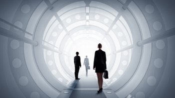Woman in futuristic interior. Businesswoman standing in virtual designed tunnel room 