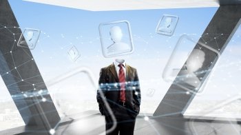 Portrait of headless businessman. Headless businessman stand in office and social net concept