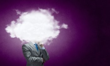 Woman with cloud head. Businesswoman standing with cloud instead of head