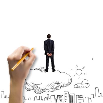 Business vision. Rear view of businessman standing on cloud and looking at city