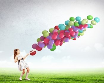 Little girl with balloons. Image of little cute girl with bunch of color balloons
