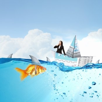 False risk for your business. Concept of fake threat when businesswoman float in paper ship and sharks in water appear to be goldfish 