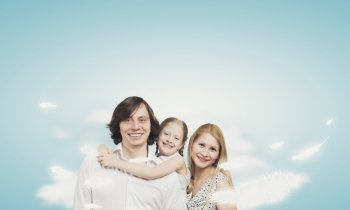 Happy family. Happy family of mother father and daughter sitting on cloud
