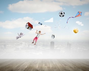 Lifestyle concept. Background image with flying kid and items