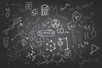 Set of chemistry sketches. Background image with chemistry lesson drawings on chalkboard