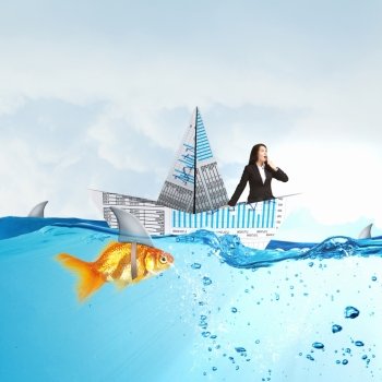 Businesswoman floating in paper ship. Concept of fake threat when businesswoman float in paper ship