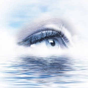 Eye overlooking water scenic. Conceptual illustration of eye overlooking water scenic