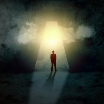 Silhouette of businessman in keyhole. Silhouette of businessman standing in keyhole sun shining above