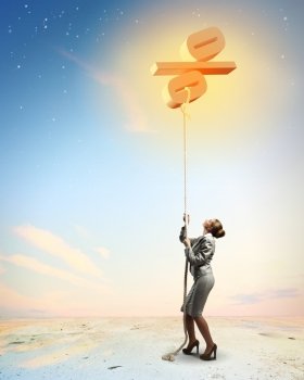 Image of businesswoman climbing the rope. Image of businesswoman climbing the rope attached to percentage sign