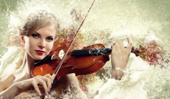 Gorgeous woman playing on violin. Image of beautiful female violinist playing with against colorful background