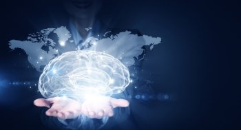 Global thinking. Businesswoman hold brain digital image on hand