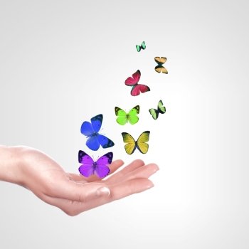 Hands releasing butterflies. Human hands releasing colourful butterflies illustration