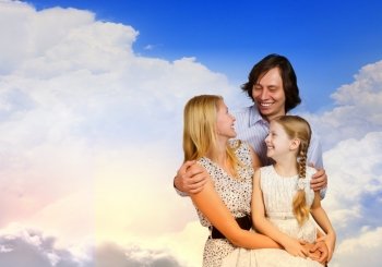 Happy family. Happy family of mother father and daughter sitting on cloud