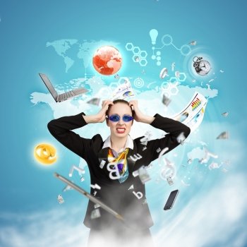 Long working hours. Image of irritated businesswoman in goggles with business collage at background