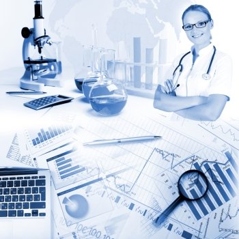 Image of a doctor working in labortory and different scientific equipment